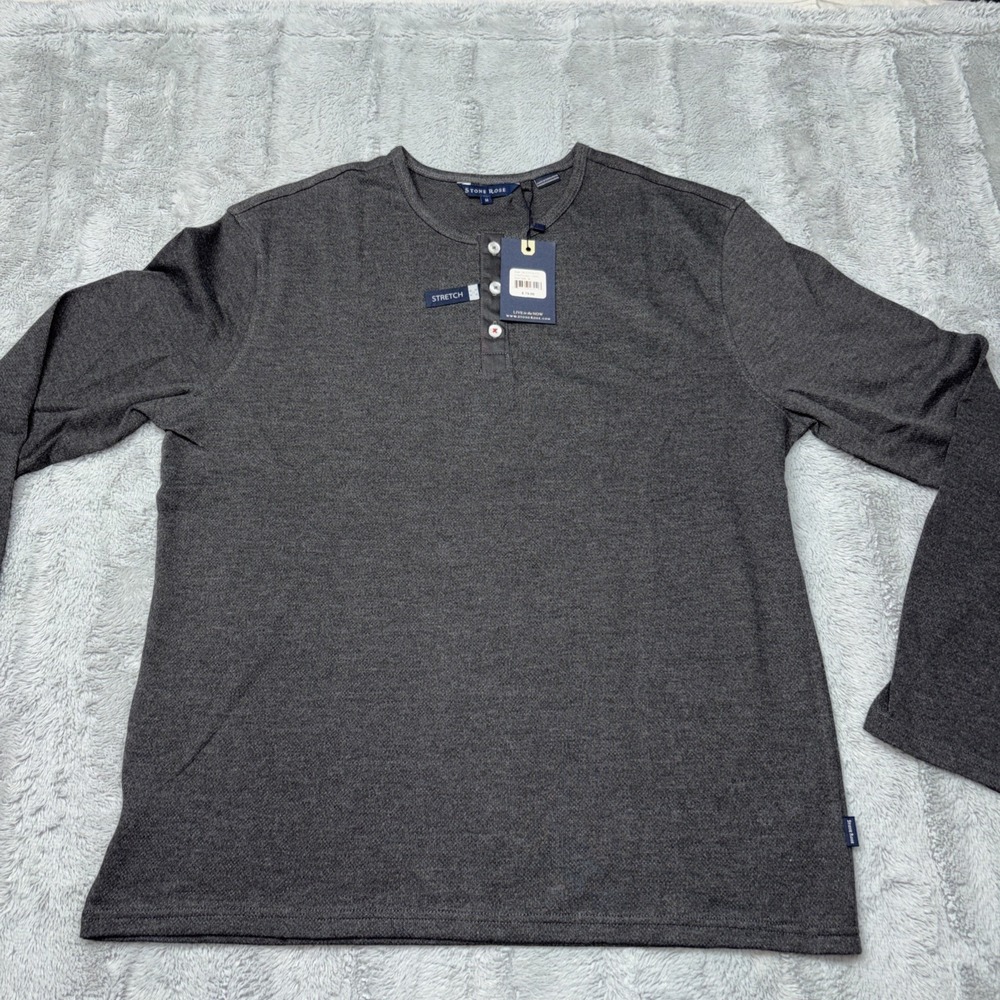 Stone Rose Mens Charcoal Long Sleeve Shirt Size Med Henley 3 Buttons NWT